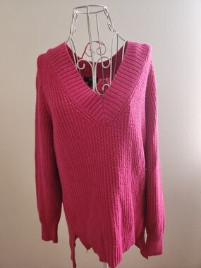 a.n.a Hot Pink Chunky Knit V-Neck Sweater Size S Barbiecore